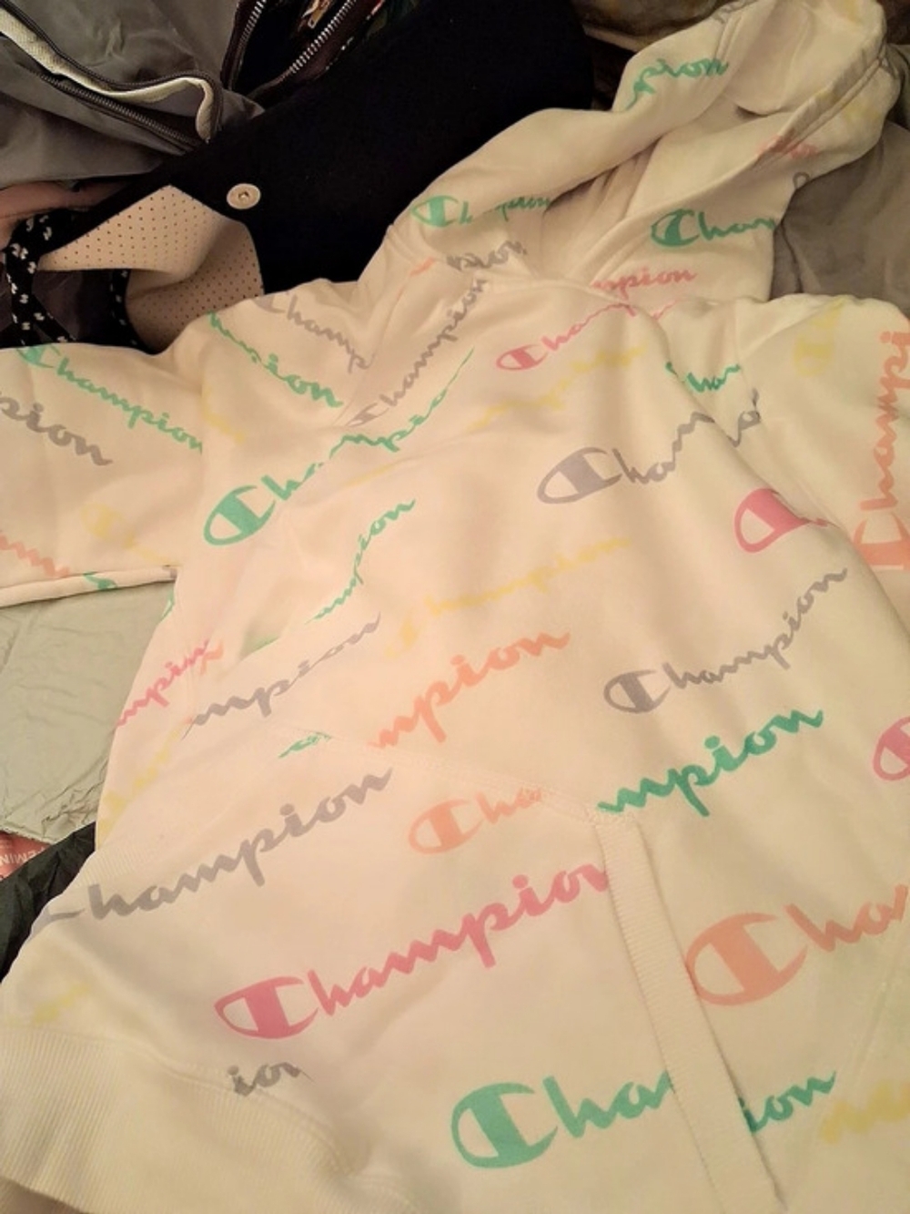 Champion All Over Print Script Logo Hoodie in Cream & Pink